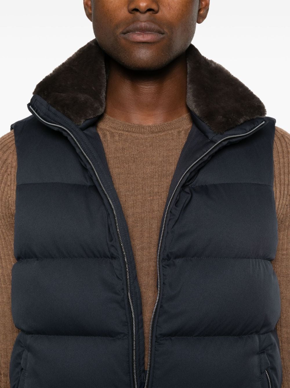 HERNO Navy Quilted Down Vest with Faux Fur Collar