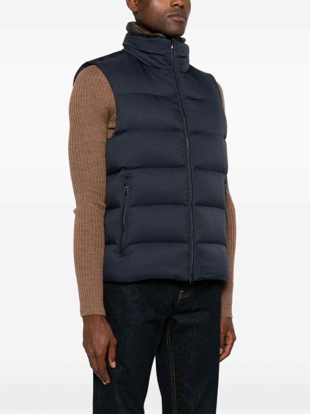 HERNO Navy Quilted Down Vest with Faux Fur Collar