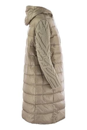 HERNO Elegant Long Down Jacket with Wool-Textured Sleeves