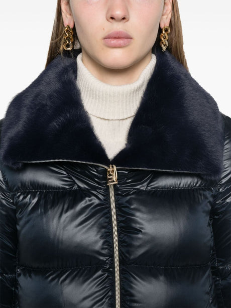 HERNO Navy Blue Glossy Padded Jacket with Faux Fur Collar