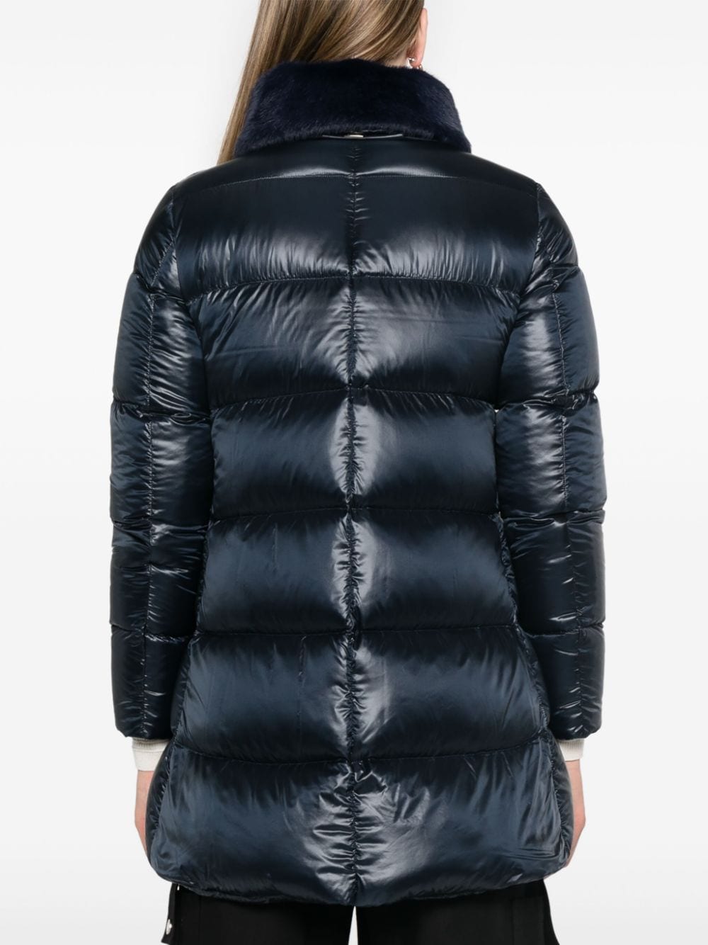 HERNO Navy Blue Glossy Padded Jacket with Faux Fur Collar