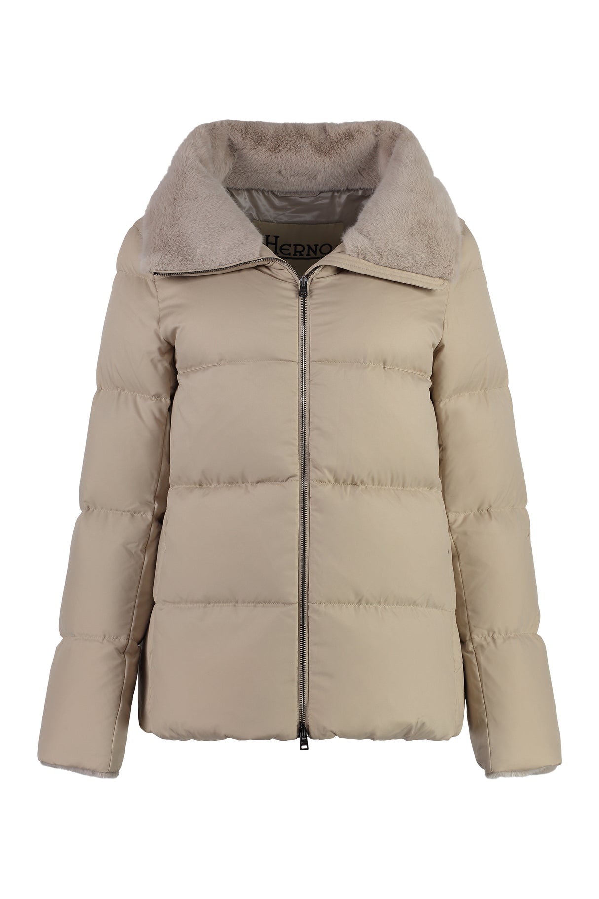 HERNO Elegant Full Zip Down Jacket with Vegan Fur Collar