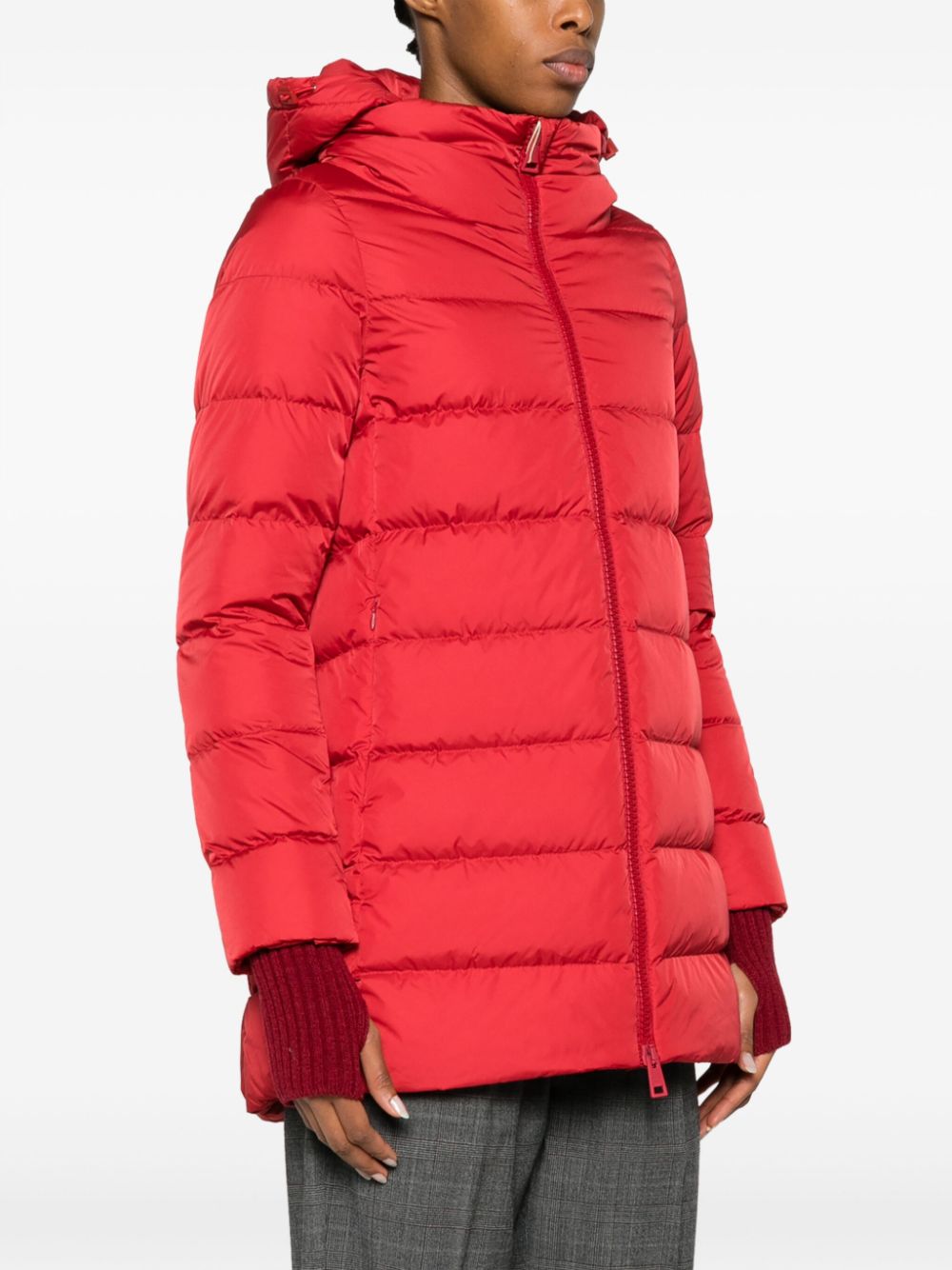 Red Rose Down Jacket with Detachable Hood, Ribbed Cuffs and Thumb Slots