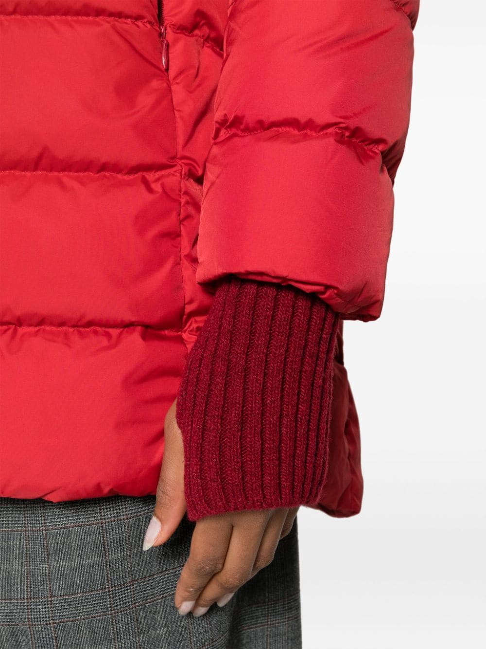 Red Rose Down Jacket with Detachable Hood, Ribbed Cuffs and Thumb Slots