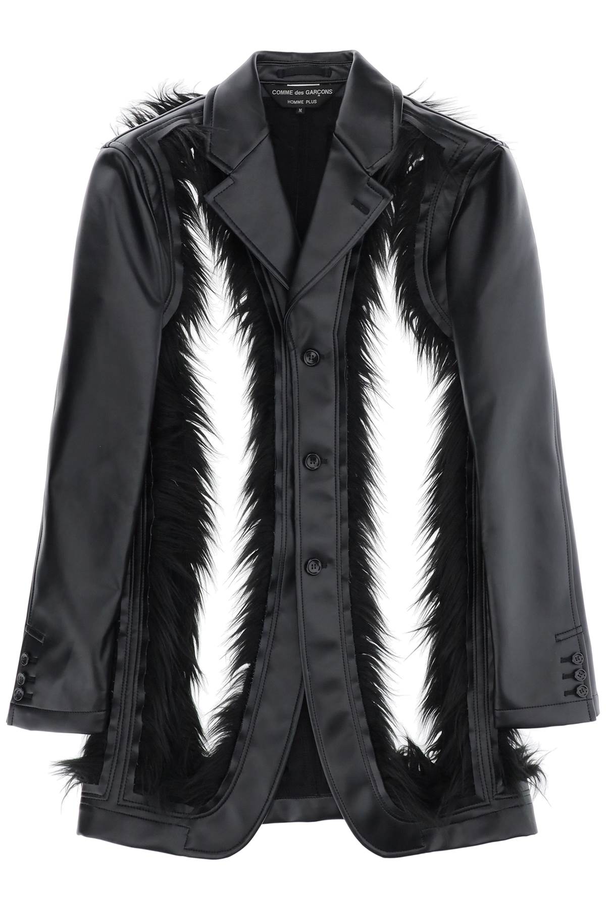 COMME DES GARÇONS HOMME PLUS Men's Destroyed Faux Leather Blazer with Eco-Fur Trims (Black, FW23)