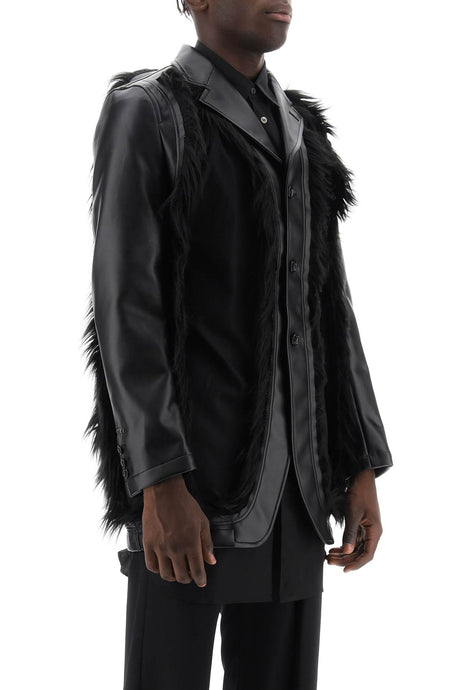 COMME DES GARÇONS HOMME PLUS Men's Destroyed Faux Leather Blazer with Eco-Fur Trims (Black, FW23)