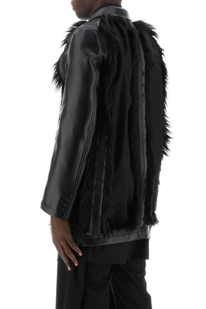 COMME DES GARÇONS HOMME PLUS Men's Destroyed Faux Leather Blazer with Eco-Fur Trims (Black, FW23)