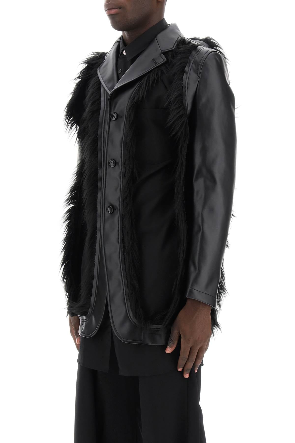 COMME DES GARÇONS HOMME PLUS Men's Destroyed Faux Leather Blazer with Eco-Fur Trims (Black, FW23)