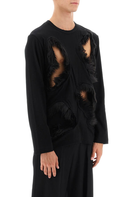 Men's Black Long-Sleeved T-Shirt with Eco-Fur Trimmed Cut-Outs