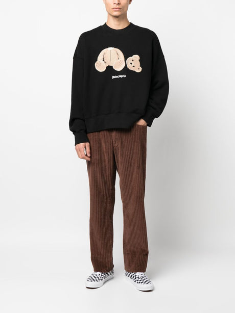 Black Cotton Crew-Neck Sweatshirt with Patch Bear Detail for Men