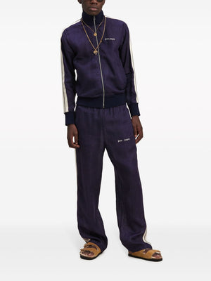 PALM ANGELS Men's Navy Blue High-Neck Track Jacket with Embroidered Logo and Side Stripe Detailing