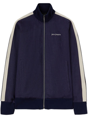 男款深藍色高領運動夾克，配有刺繡商標和側邊條紋細節