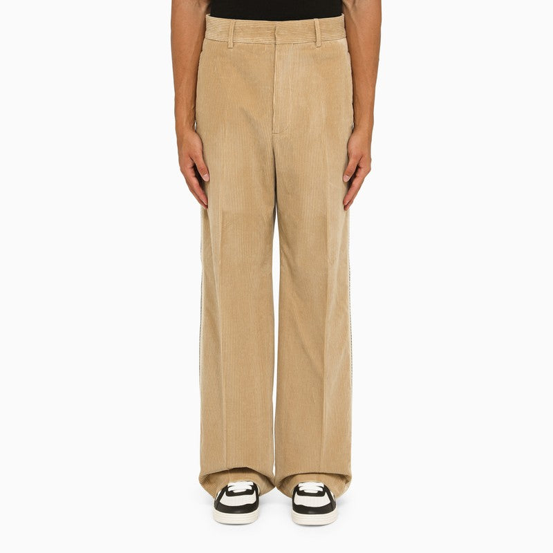 Beige Corduroy Trousers for Men with Side Bands and Logo Label