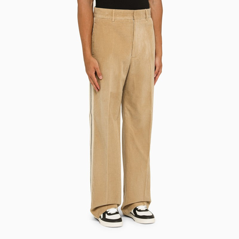 PALM ANGELS Men's Beige Corduroy Pants with Side Bands and Logo Label