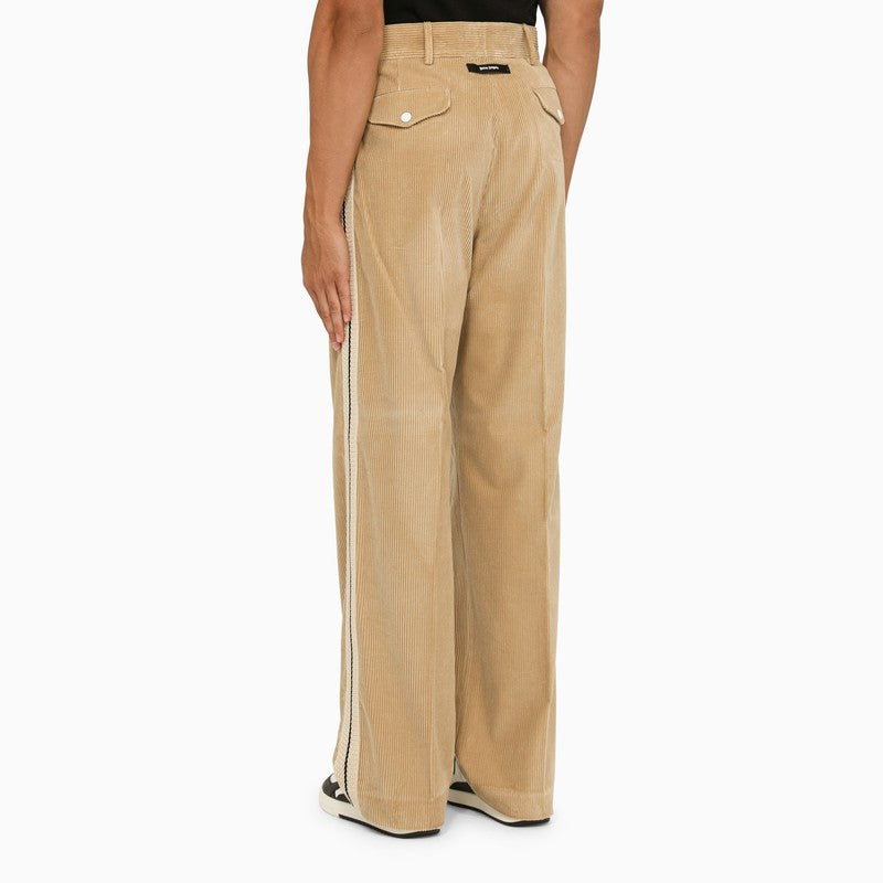 PALM ANGELS Men's Beige Corduroy Pants with Side Bands and Logo Label