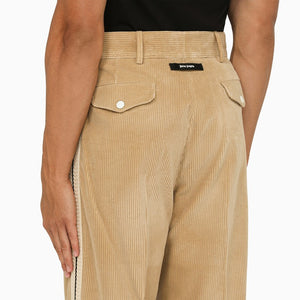 Beige Corduroy Trousers for Men with Side Bands and Logo Label