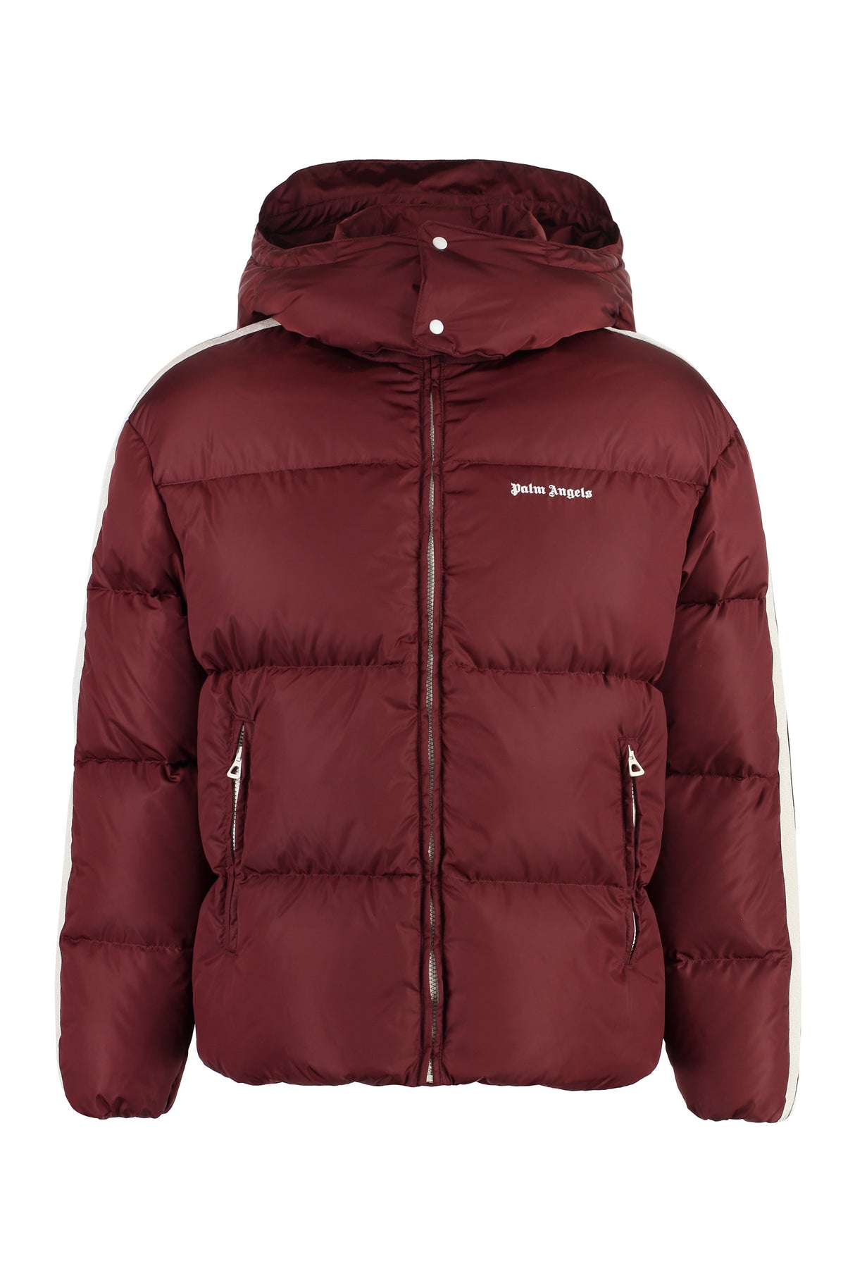 PALM ANGELS Men's Burgundy Hooded Down Jacket with Adjustable Drawstring and Contrasting Stripes