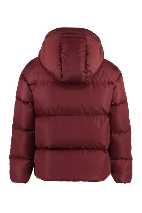 Men's Burgundy Hooded Down Jacket with Adjustable Drawstring and Contrasting Stripes