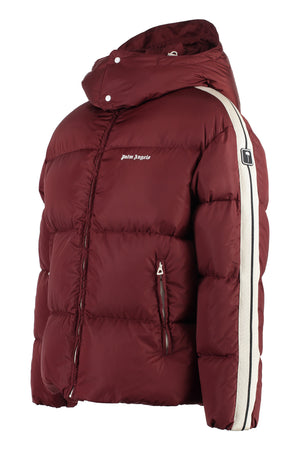 PALM ANGELS Men's Burgundy Hooded Down Jacket with Adjustable Drawstring and Contrasting Stripes