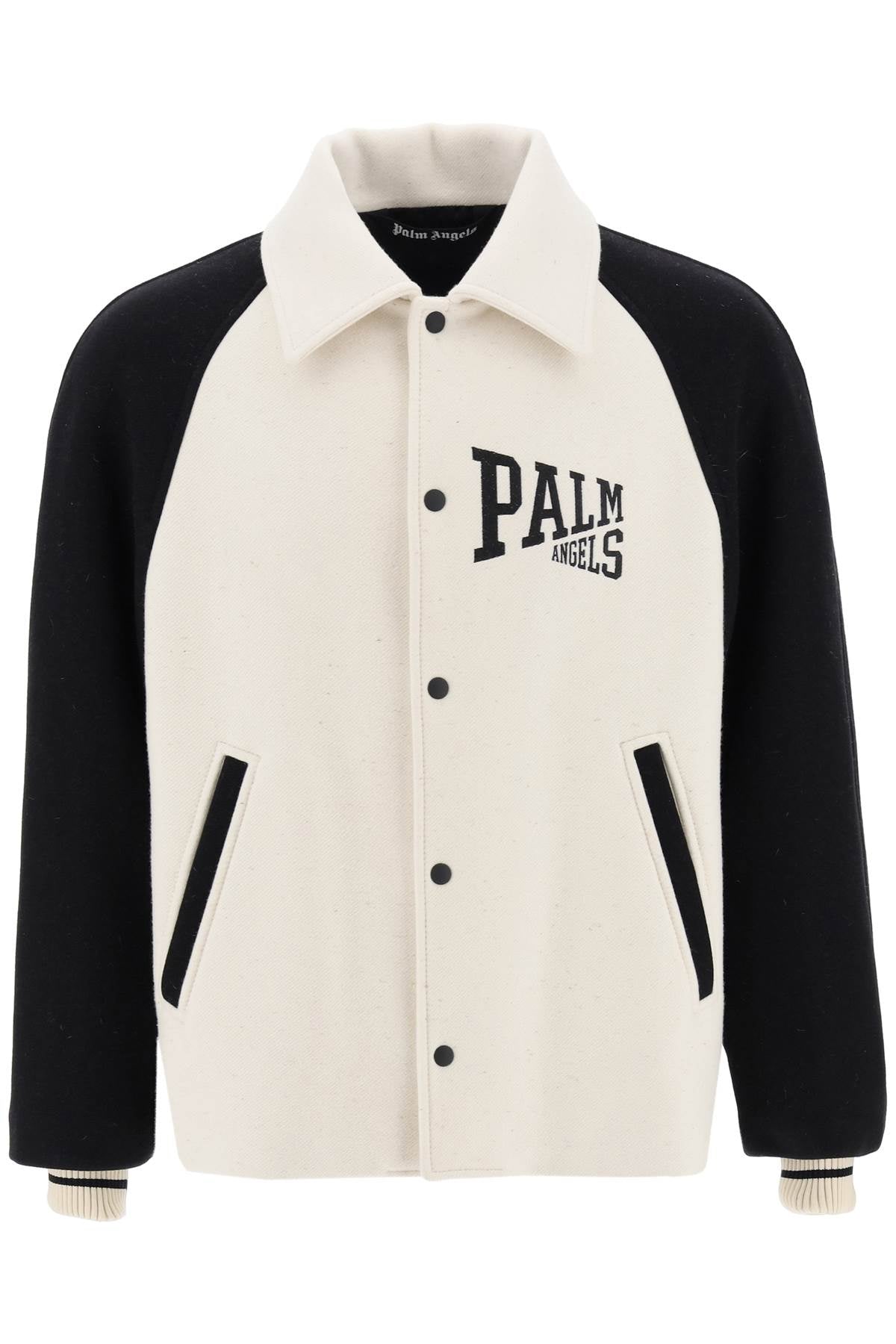 PALM ANGELS Mens Wool Varsity Jacket with Embroidered Lettering Logo and Maxi Embroidered Detail