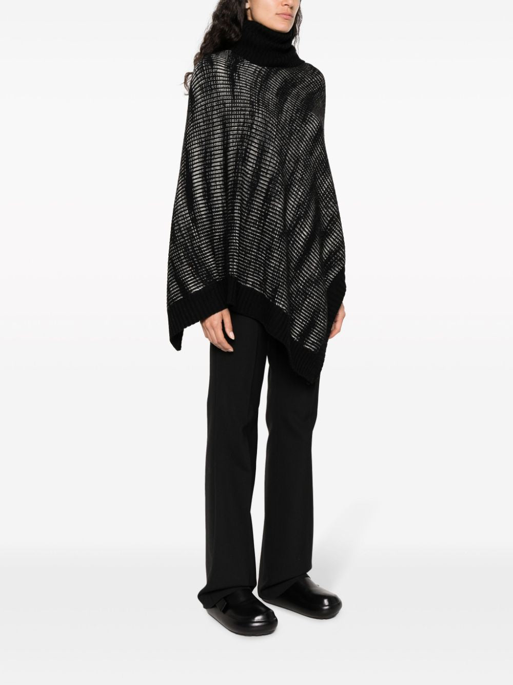 Black Ribbed-Knit Wool Roll-Neck Cape for Women