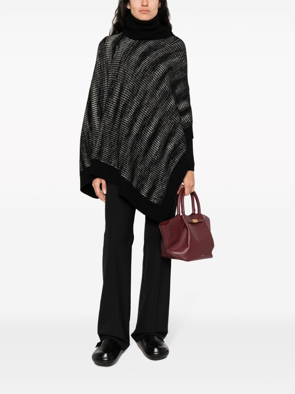 Black Ribbed-Knit Wool Roll-Neck Cape for Women