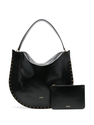 ISABEL MARANT Smooth Leather Hobo Handbag with Gold Studs - Black