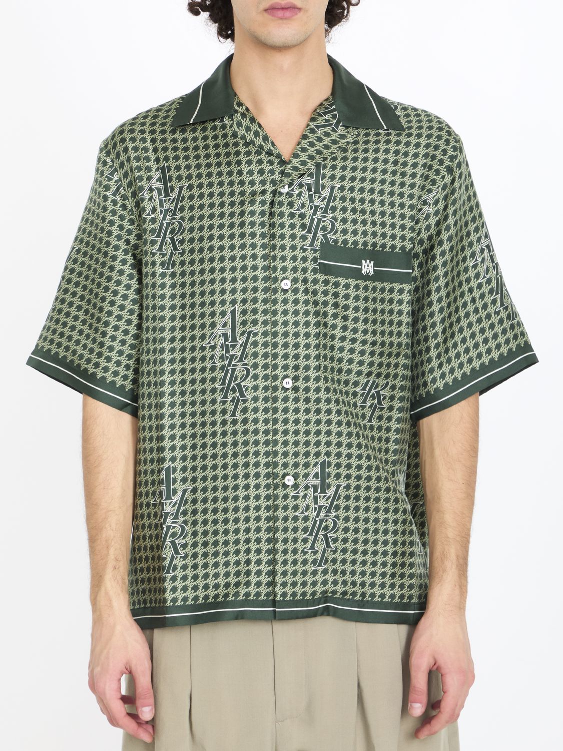 緑のハウンドスツースボウリングシャツ - メンズシルクツイル半袖トップ