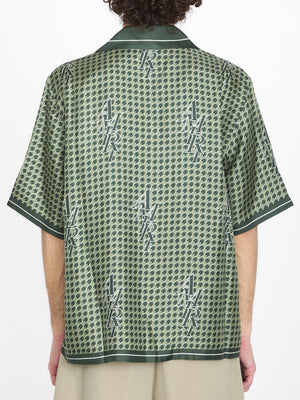 緑のハウンドスツースボウリングシャツ - メンズシルクツイル半袖トップ