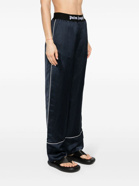 PALM ANGELS Navy Blue Satin Pants with White Band Logo for Women - SS24