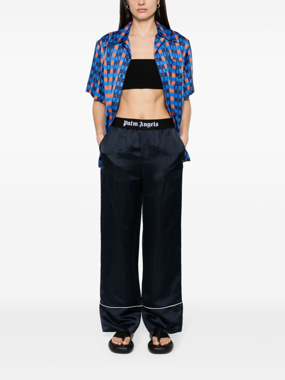 PALM ANGELS Navy Blue Satin Pants with White Band Logo for Women - SS24
