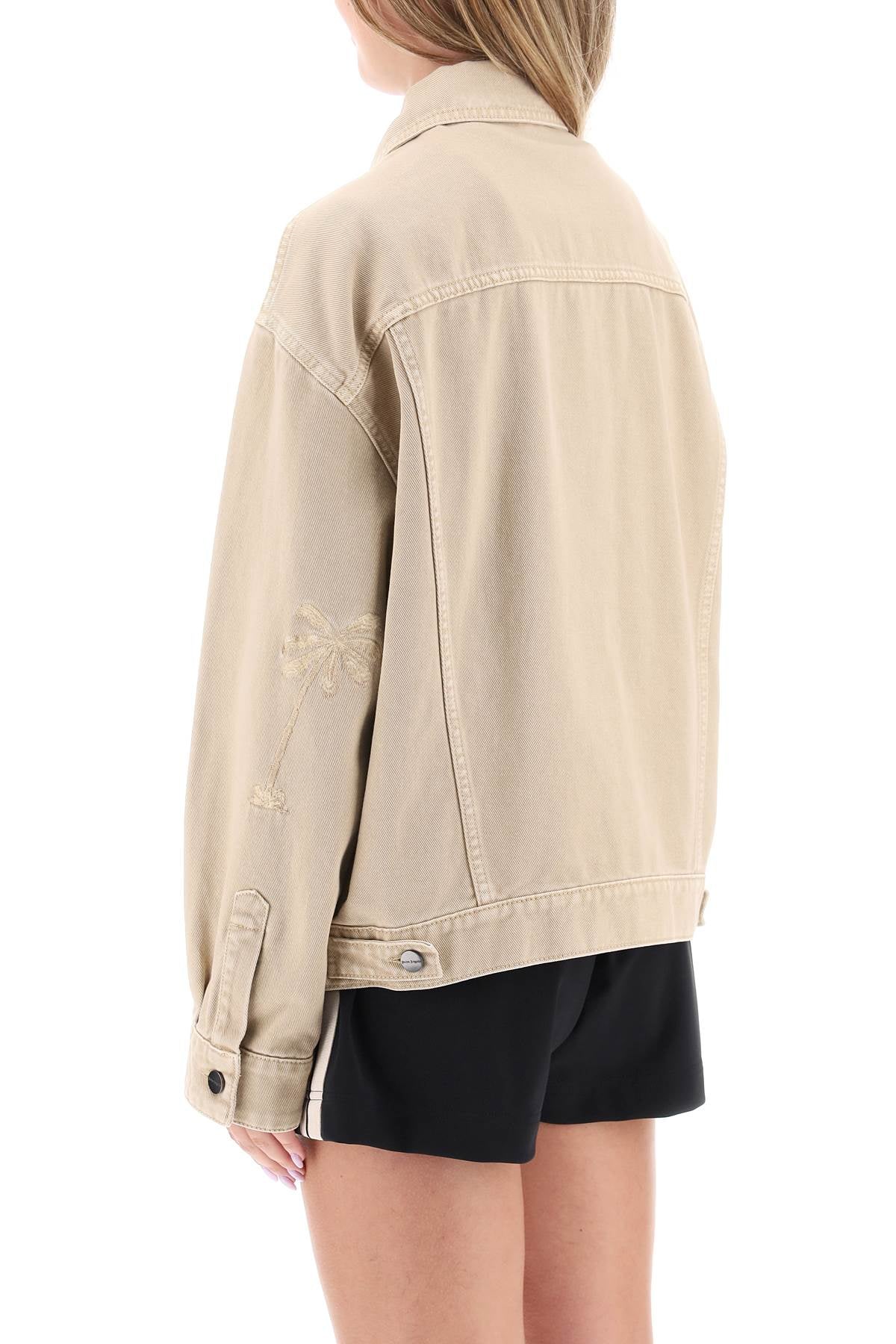 寬大版荷蘭鬆質棉牛仔夾克 印有同色調椰子樹刺繡