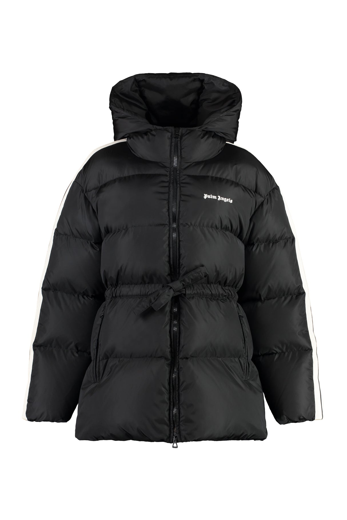 Áo khoác nữ dáng dài có mũ đính hạt nổi Black Down Jacket PALM ANGELS