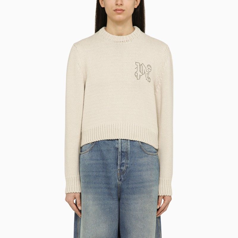 PALM ANGELS White Wool-Blend Crew-Neck Jumper with Designer Logos