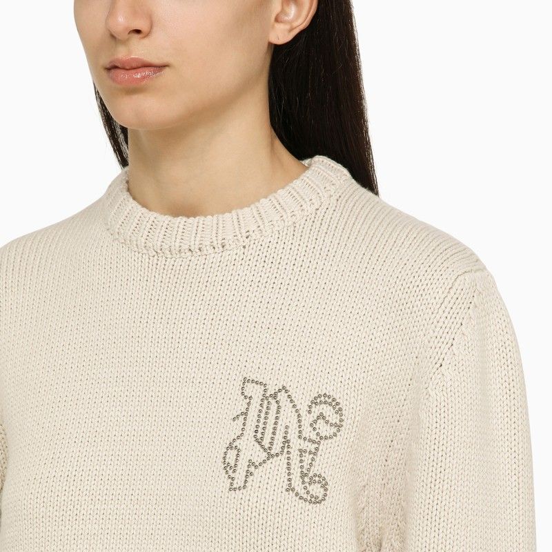 PALM ANGELS White Wool-Blend Crew-Neck Jumper with Designer Logos