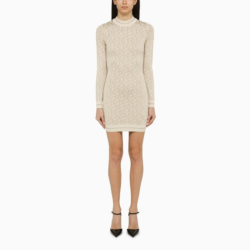 PALM ANGELS Ivory and Beige Jacquard Logo Viscose Dress for Women