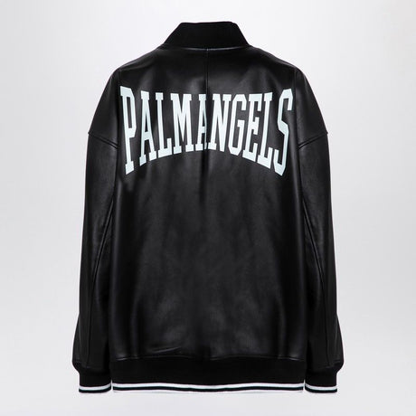 PALM ANGELS  BLACK LEATHER COLLEGE BOMBER JACKET