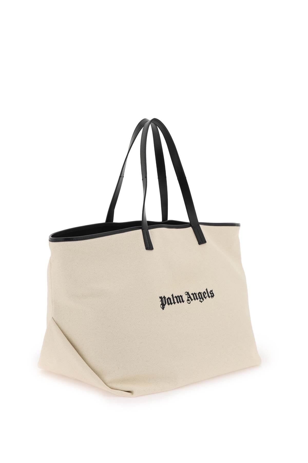 PALM ANGELS FW23 Cotton Canvas Tote Handbag with Embroidered Logo and Leather Trim for Women