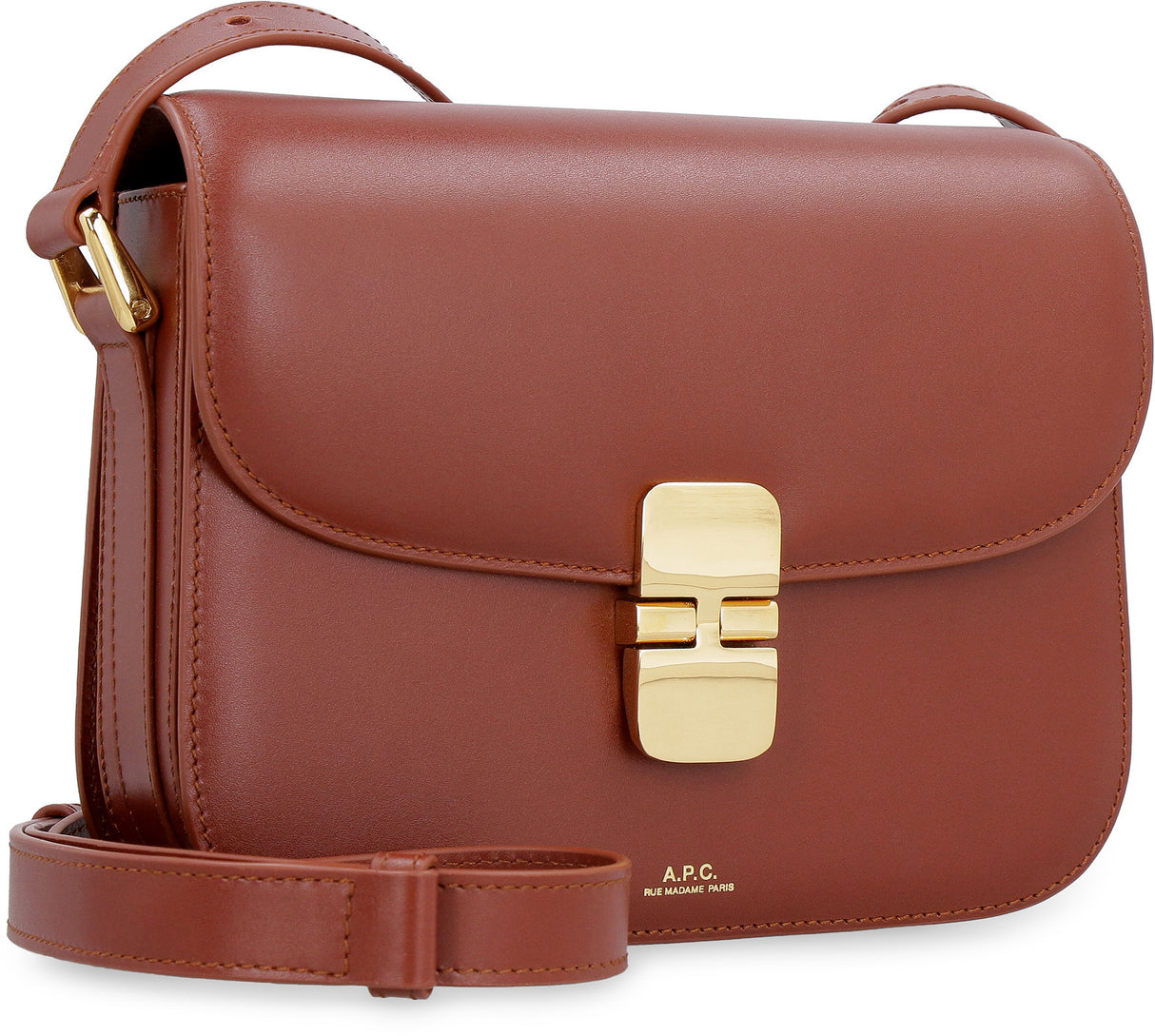 A.P.C. Grace Small Brown Leather Shoulder Handbag with Gold Hardware