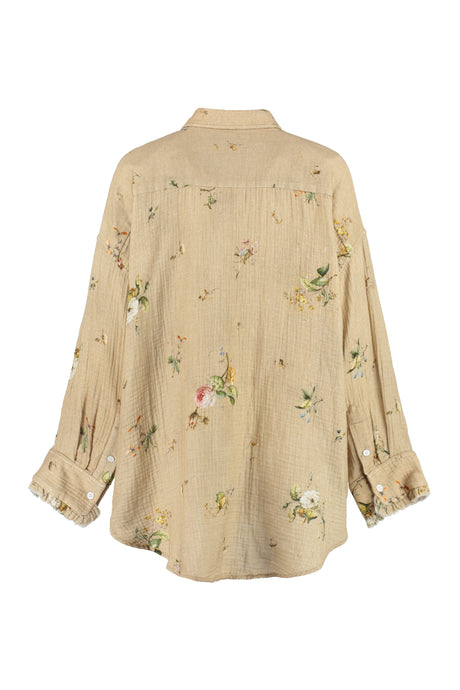 女款棉质花卉印花衬衫，带有褶边和毛边设计