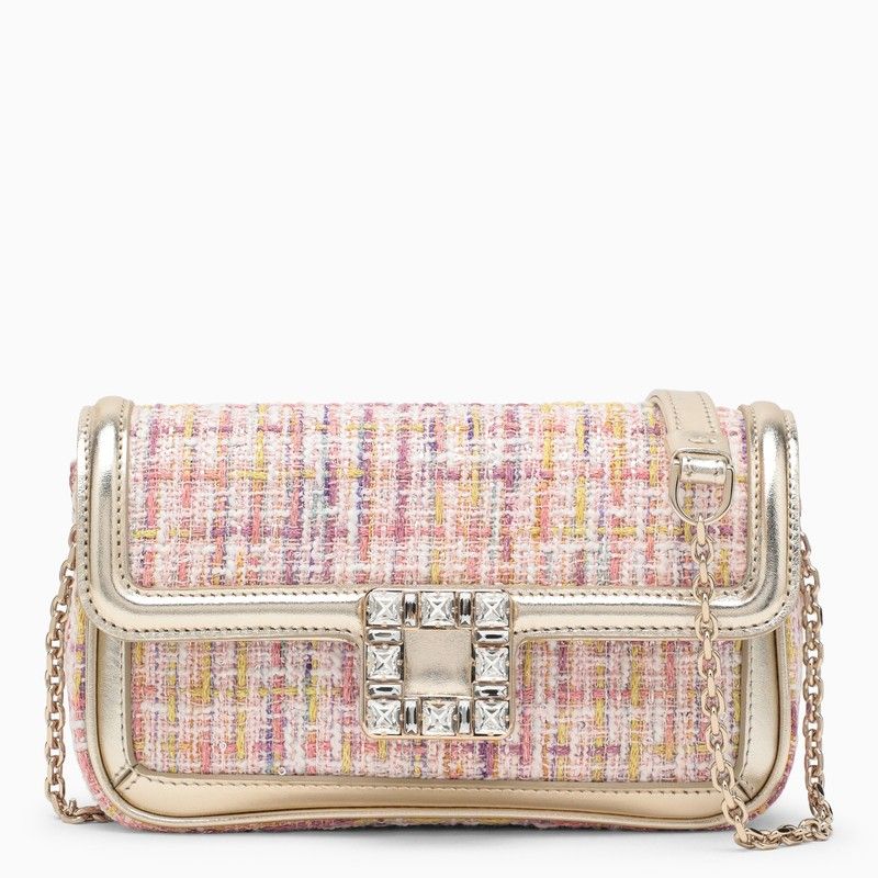 ROGER VIVIER Pink Bouclé Fabric Shoulder Handbag with Front Crystal Buckle and Gold Chain