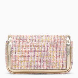 ROGER VIVIER Pink Bouclé Fabric Shoulder Handbag with Front Crystal Buckle and Gold Chain