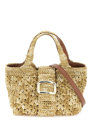 ROGER VIVIER Mini Viv Choc Tan Raffia Tote with Metal Buckle and Leather Strap for Women