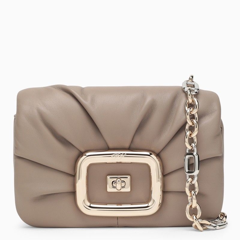 ROGER VIVIER Beige Ruched Leather Shoulder Handbag with Chain Strap