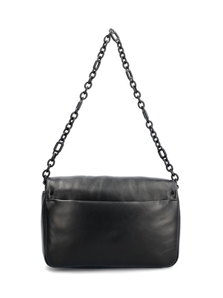 ROGER VIVIER Black Leather Shoulder Handbag with Ruched Front and Chain Shoulder Strap - FW23