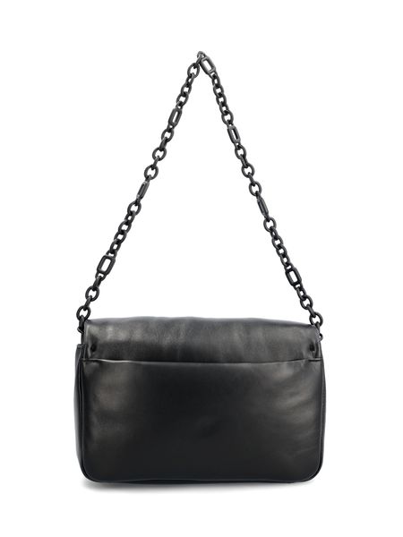 Black Leather Shoulder Bag with Ruched Front and Chain Strap - FW23 Collection