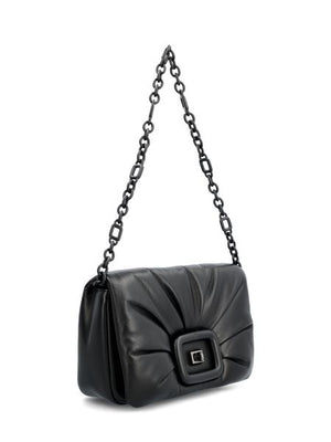 Viv' Choc Black Raffia & Lambskin Leather Shoulder Bag with Gold-Tone Hardware