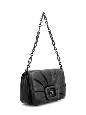 ROGER VIVIER Black Leather Shoulder Handbag with Ruched Front and Chain Shoulder Strap - FW23