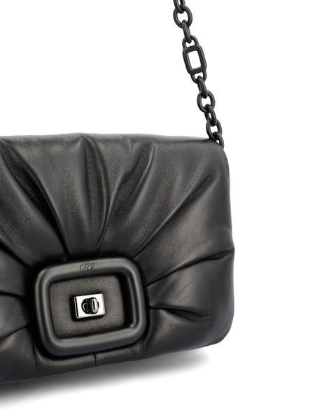 Black Leather Shoulder Bag with Ruched Front and Chain Strap - FW23 Collection