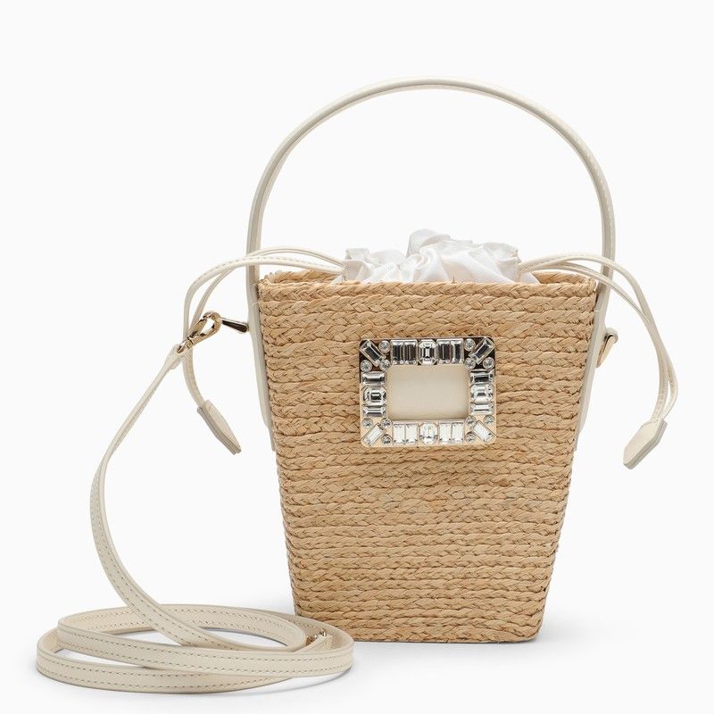 ROGER VIVIER Tan Two-Tone Mini Raffia and Leather Bucket Bag with Shoulder Strap